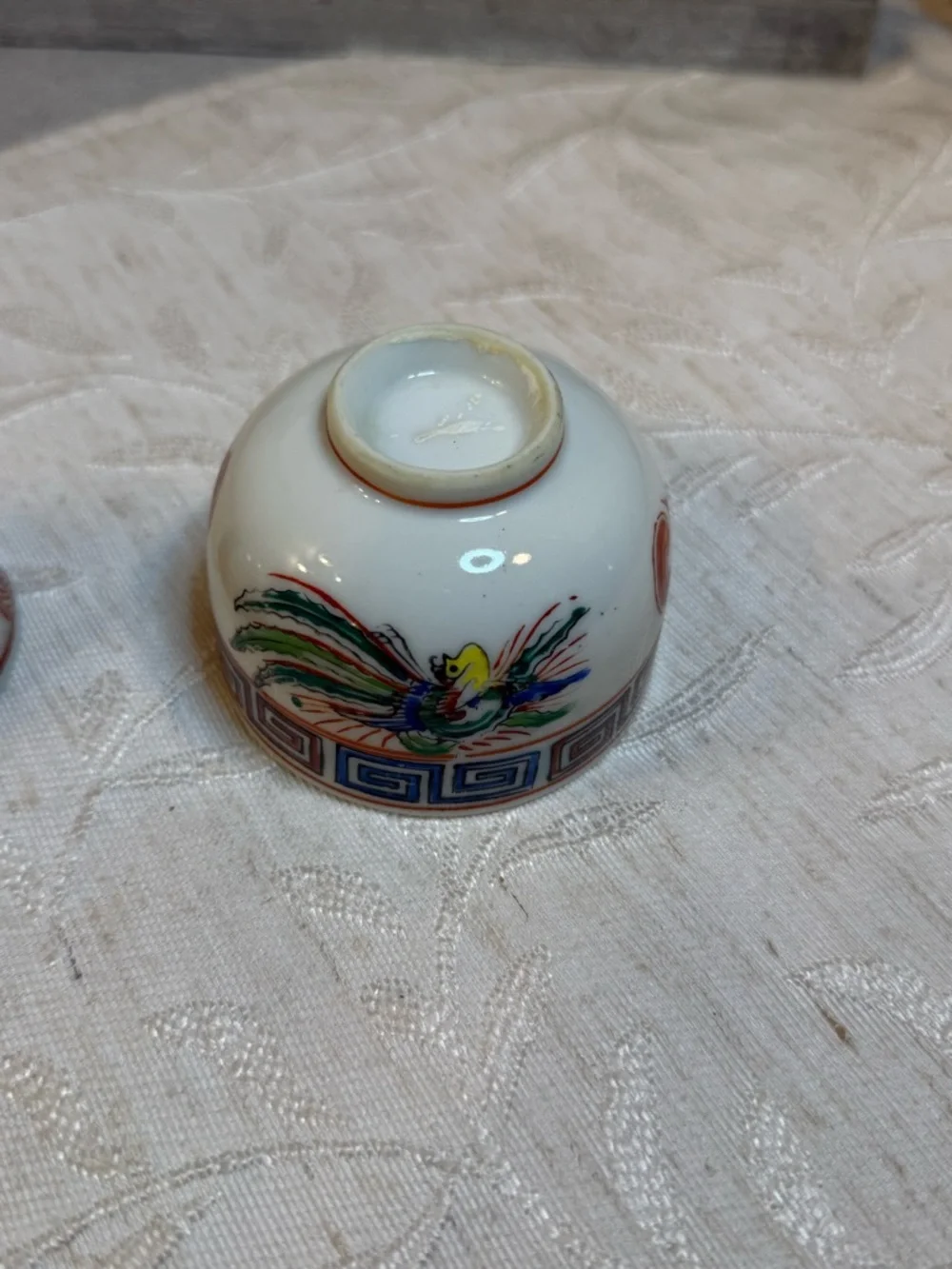 Vintage Chinese Porcelain 3 pc Teacup Set: Dragon & Phoenix, Crane and‎ Symbols